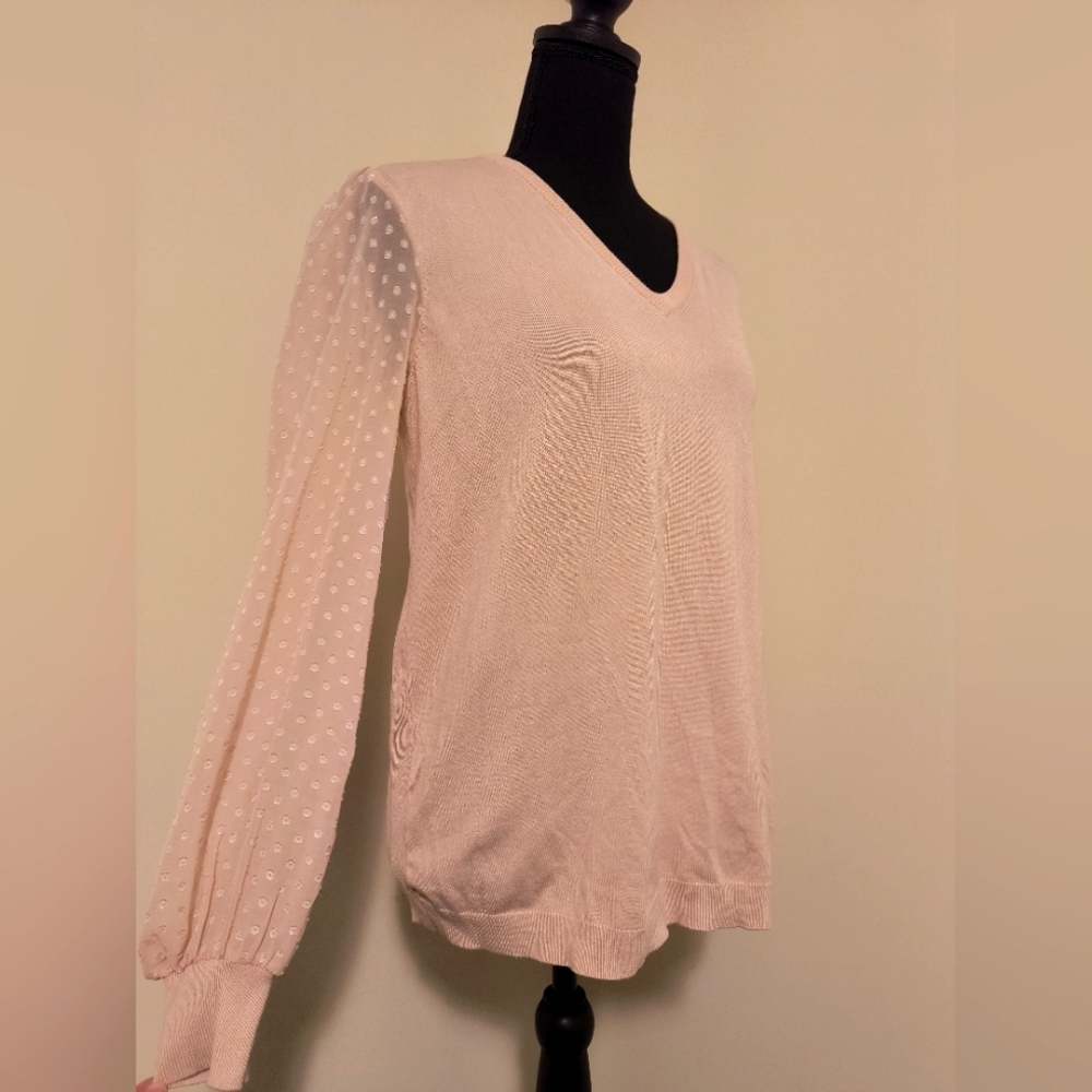 Adrianna Papell V-Neck Clip Dot Chiffon Sleeve Sweater Top Pink Size M